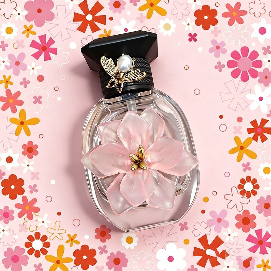 1pc Pink Floral Perfume Portable Refillable Spray Bottle, Leak-Proof Pump Bottle With Gold Ladybug Decor, Great Gift & Travel Accessory - Multicolor - View 1