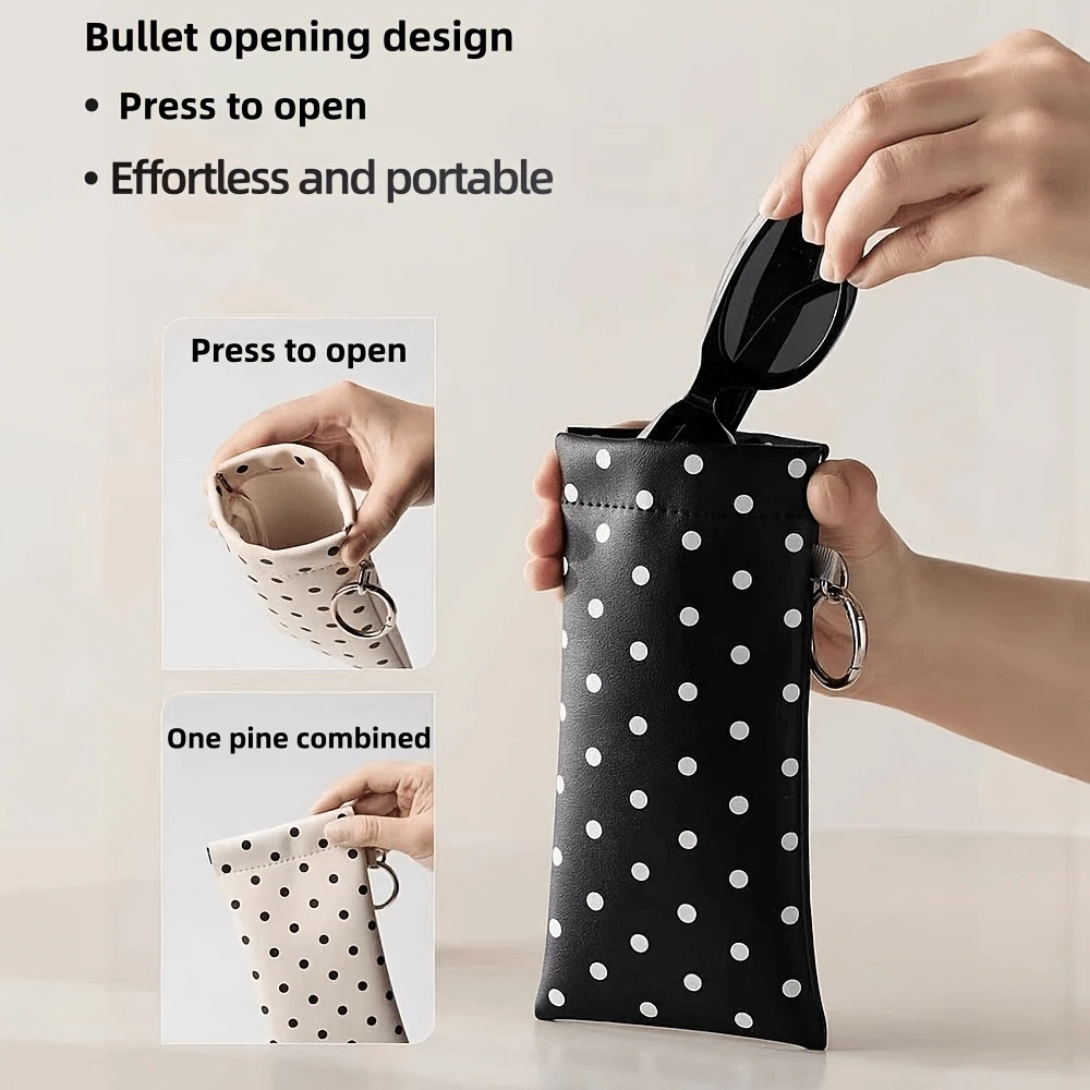 1pc Cute Polka Dot Portable PU Leather Glasses Case, With Snap Button Design, Built-In Glasses Cleaning Cloth And Hanging Ring, Perfect For Carrying Glasses - Multicolor - View 1