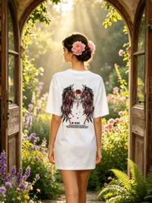 Women's Summer Casual Soft Round Neck Short Sleeve T-Shirt,Rose Wings Print Graphic Suitable For Casual Spring And Summer Wear. - Blanco - Ver 2