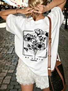 夏季新款極簡時尚花卉與蝴蝶印花休閒圓領短袖T恤，女款白色度假百搭日常穿搭，波希米亞風 - 白色 - 查看 2