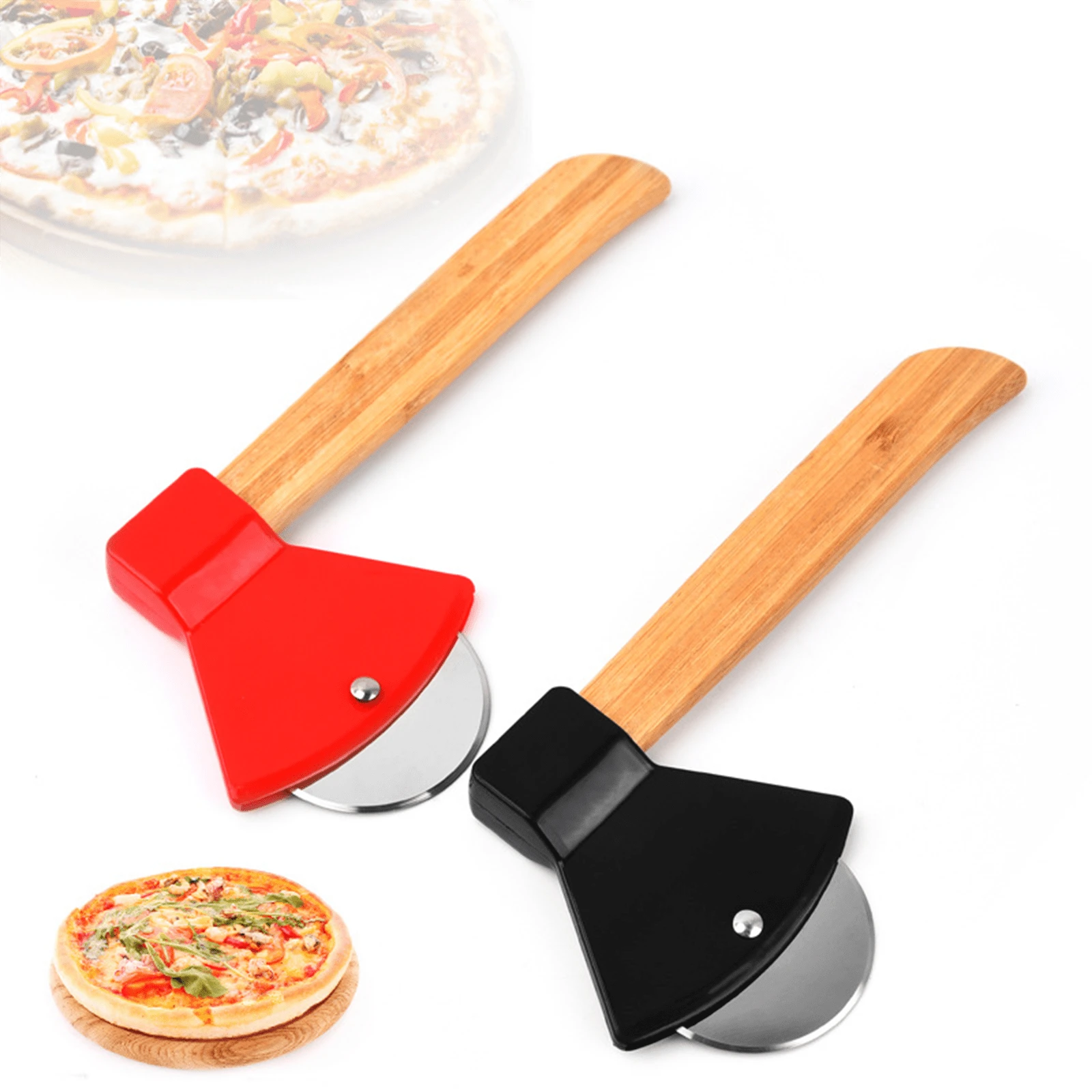 Set Of 4 Pizza Cutters With Bamboo Handles And Sharp Rotating Blades, Perfect For Pizza, Bread, Cakes, And More-Red And Black Color Scheme - View 1