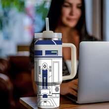 R2-D2 40 Oz Tumbler With Handle And Straw, Stainless Steel Insulated Travel Mug, Reusable Iced Coffee Water Bottle Cup, Disney Sci-Fi Movie Fan Gifts For Men - War Star - View 3