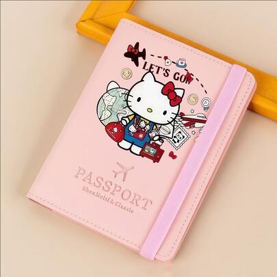  1 Peça Porta-Passaporte Hello Kitty da Sanrio, Carteira de Viagem Fofa de Desenho Animado, Capa de Passaporte em Couro PU À Prova d'Água com Faixa Elástica, Acessórios de Viagem para Mulheres e Homens