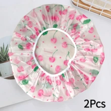 2pcs Thickened Red Cherry Print Shower Cap, Universal Shower Hair Cap, Cute Design, Suitable For Bathing And Showering, Sturdy And Durable Headwear, Secure And Snug Fit, Bathing Accessory - Cherry - View 6