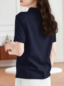 女款大尺碼經典 Polo 衫 素色短袖修身休閒日常基本款 T-shirt 上衣 運動夏季 - 藏蓝色 - 查看 3