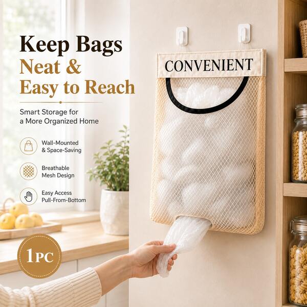 1PC Plastic Bag Holder, Wall-Mounted Mesh Grocery Bag Organizer With Bottom Dispenser For Kitchen, Pantry, Laundry, 11.81 X 9.84in