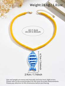 OOQ 1pc Colorful Fish Pendant Beaded Necklace, Casual Minimalist Elegant Necklace For Women, Suitable For Daily, Holiday, Gift, Beach Party, Ball, Gift For Best Friend - Yellow + Blue - View 5