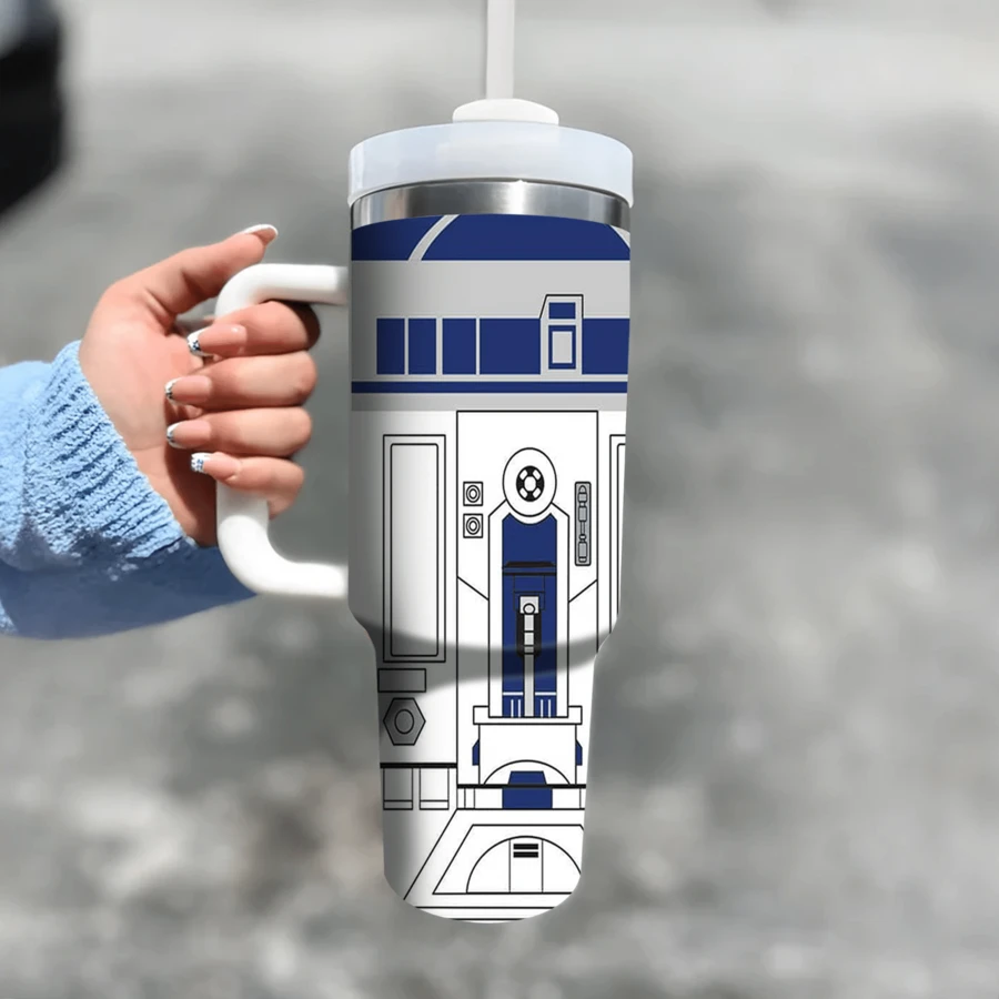 R2-D2 40 Oz Tumbler With Handle And Straw, Stainless Steel Insulated Travel Mug, Reusable Iced Coffee Water Bottle Cup, Disney Sci-Fi Movie Fan Gifts For Men - War Star - View 1