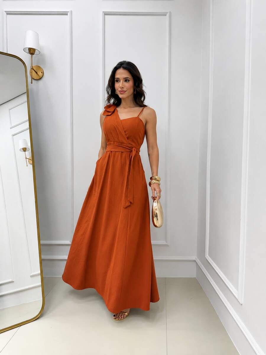 Women's Long Dress With Thin Straps And Bow, Elegant, Chic Party, Wedding, Graduation, Modest Fashion, Padded Bra, Size 3. - 亮橙色 - 查看 1