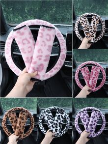 3PCS Leopard Print Fuzzy Car Steering Wheel Cover Set With 2 Seat Belt Shoulder Pads, Universal 15 Inch Winter Warm Ultra-Soft Plush Steering Wheel Protector, Non-Slip Easy Install Fashion Cute Car Interior Decor Accessories For Women Girls, 7 Colors Optional - Leopard - View 2