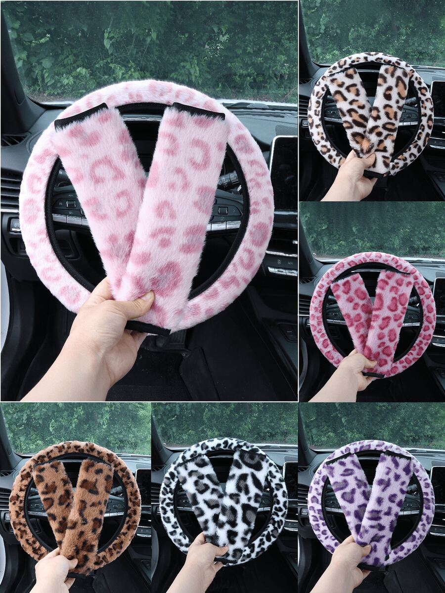 3PCS Leopard Print Fuzzy Car Steering Wheel Cover Set With 2 Seat Belt Shoulder Pads, Universal 15 Inch Winter Warm Ultra-Soft Plush Steering Wheel Protector, Non-Slip Easy Install Fashion Cute Car Interior Decor Accessories For Women Girls, 7 Colors Optional