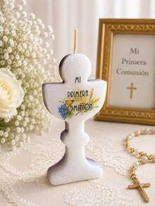Vela cáliz decorativa Mi Primera Comunión, ceremonia religiosa, incluye bolsa celofán y listón, recuerdo regalo decoración centro mesa personalizada - Blanco - Ver 7