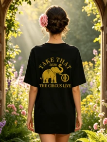 Women's Summer Casual Soft Round Neck Short Sleeve T-Shirt,The Circus Live Elephant Print Graphic Suitable For Casual Spring And Summer Wear. - Negro - Ver 4