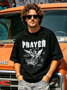 Men's Summer Casual Soft Round Neck Short Sleeve-Shirt,Prayer 1987 Print Graphic Spring And Summer Wear.Black - Black - View 4