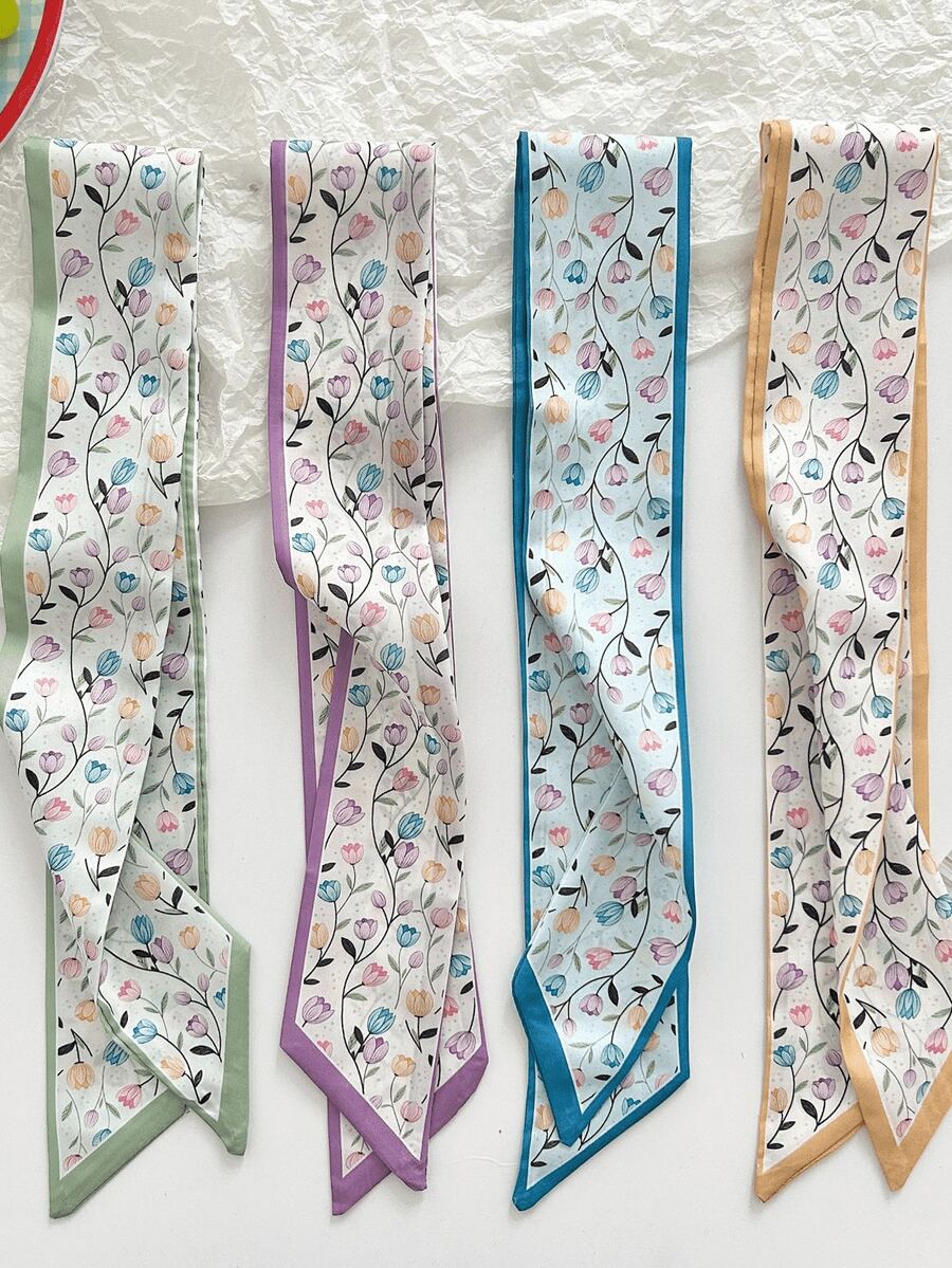 4件組新款花卉鬱金香絲巾 雙面印花韓式百搭裝飾巾 多功能髮帶 包飾小方巾 夏季髮飾沙灘髮圈 - 彩色 - 查看 1