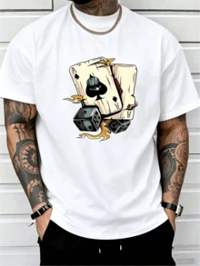 1 Pc Men's Clothing Skull Aces Dice Printed Black Tshirt, Graphic Tee, Summer Tops, Shirt, Unisex Casual Crew Neck Tshirt, Plus Size Men's 5XL, Lightweight 220 G/M² Knitted Fabric, Machine Washable, Suitable For Spring/Summer/Autumn Wear, Halloween, Christmas, Valentine's Day - 白色 - 查看 1