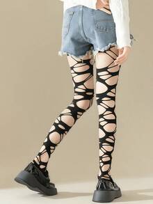 1pc Women's Ripped Sexy Thigh High Socks, Y2K Baddie Style Skinny Pants, Casual Versatile Ripped Stockings - Black - View 4
