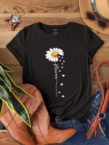 New Arrival Small Size Chrysanthemum Heart Print T-Shirt] - Black - View 1