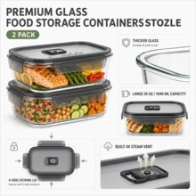 Stozle 1040ml 2-Pack High Transparent Glass Refrigerator Storage Boxes, Stackable Space-Saving Food Containers With Lids, Airtight Leak-Proof Odor-Proof Fresh-Keeping Boxes, Back-To-School Lunch Boxes, High Temperature Resistant, Microwave & Dishwasher  Convenient Set - 查看 3