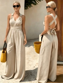 Apricot Casual V-Neck High Waisted Loose Fit Jumpsuit,Summer Lightweight Halter Backless Wide Leg Jumpsuit For Women,Sleeveless Crisscross Back Tie Waist Flowy Pantsuit For Beach Vacation - 杏色 - 查看 1
