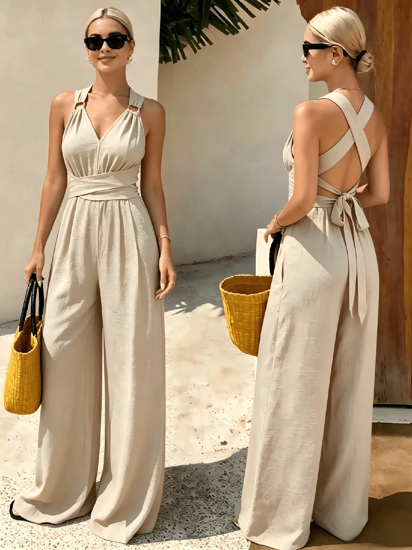 Apricot Casual V-Neck High Waisted Loose Fit Jumpsuit,Summer Lightweight Halter Backless Wide Leg Jumpsuit For Women,Sleeveless Crisscross Back Tie Waist Flowy Pantsuit For Beach Vacation - 杏色 - 查看 1