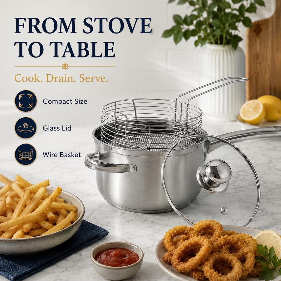 18cm Multi-Function Metal Deep Fryer Set With Lid, Home Use Oil-Saving Frying Pan (Includes 16cm Dedicated Oil Strainer Basket) - View 1