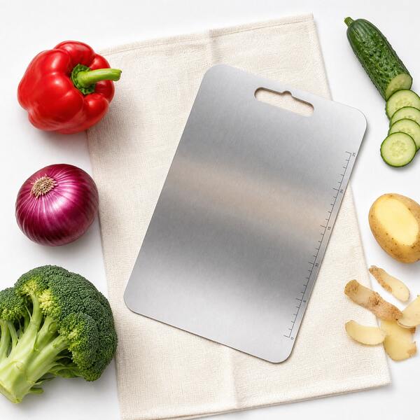 1 cái thớt inox 304 đánh bóng, thiết kế hai mặt, dễ vệ sinh, dùng được cho máy rửa bát, bền, có vạch chia, thớt thái, đảm bảo an toàn thực phẩm, phù hợp chuẩn bị thức ăn cho bé, dùng trong nhà bếp