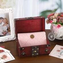 Vintage-Style Lockable Storage Box, Treasure Chest Box, Movie Prop Box, Collectibles Storage Box, Escape Room Investigation Wooden Storage Box, Jewelry Holders, Vintage Home Desktop Decoration. - Đỏ - Xem 4