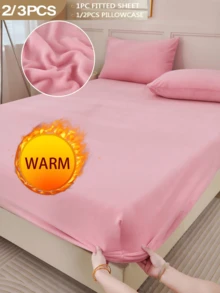 2/3pcs Pink Velvet Fitted Sheet Set, Warm & Soft, Solid Velvet Fitted Sheet Bedding Set, Available In Super King, King, Queen, Twin Size, Luxurious Ultra-Soft Bottom Fabric, 11.8 Inch Deep Pocket Design, Suitable For Autumn, Winter, Spring, Includes 1 Fitted Sheet And 1/2 Pillowcases - Coral Pink - View 1