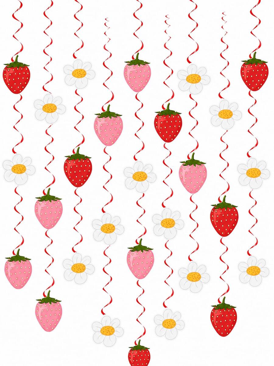 24pcs/2set-Strawberry Daisy Baby Shower Hanging Spiral Decoration, Berry Sweet One Year Old Theme Garland Set, Sweet Girl Newborn Baby Baptism Ceremony 1st Birthday Party Supplies, Red Pink Fruit Baby Wall Hanging Decoration, Strawberry Theme Party Decoration, Summer Theme Baby Shower Garland - Multicolor - View 1