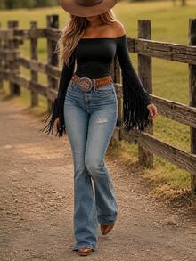 Women's Western Cowgirl Off-Shoulder Fringe Top, Sexy Slim Fit Long Sleeve, Soft Breathable Vintage For Festival Party & Daily Casual Wear - 黑色 - 查看 4