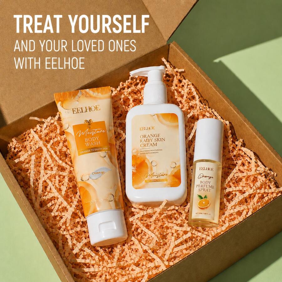 3PCS/Set Orange Body Skincare Set-Relieve Skin Dryness Gentle Moisturizing,Nourishment, Cleansing Body Care Set Perfect Gift For Valentine'day - 橘色 - 查看 1