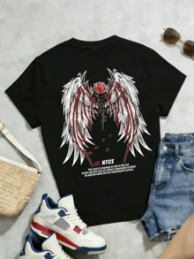 Women's Summer Casual Soft Round Neck Short Sleeve T-Shirt,Rose Wings Print Graphic Suitable For Casual Spring And Summer Wear. - Negro - Ver 5