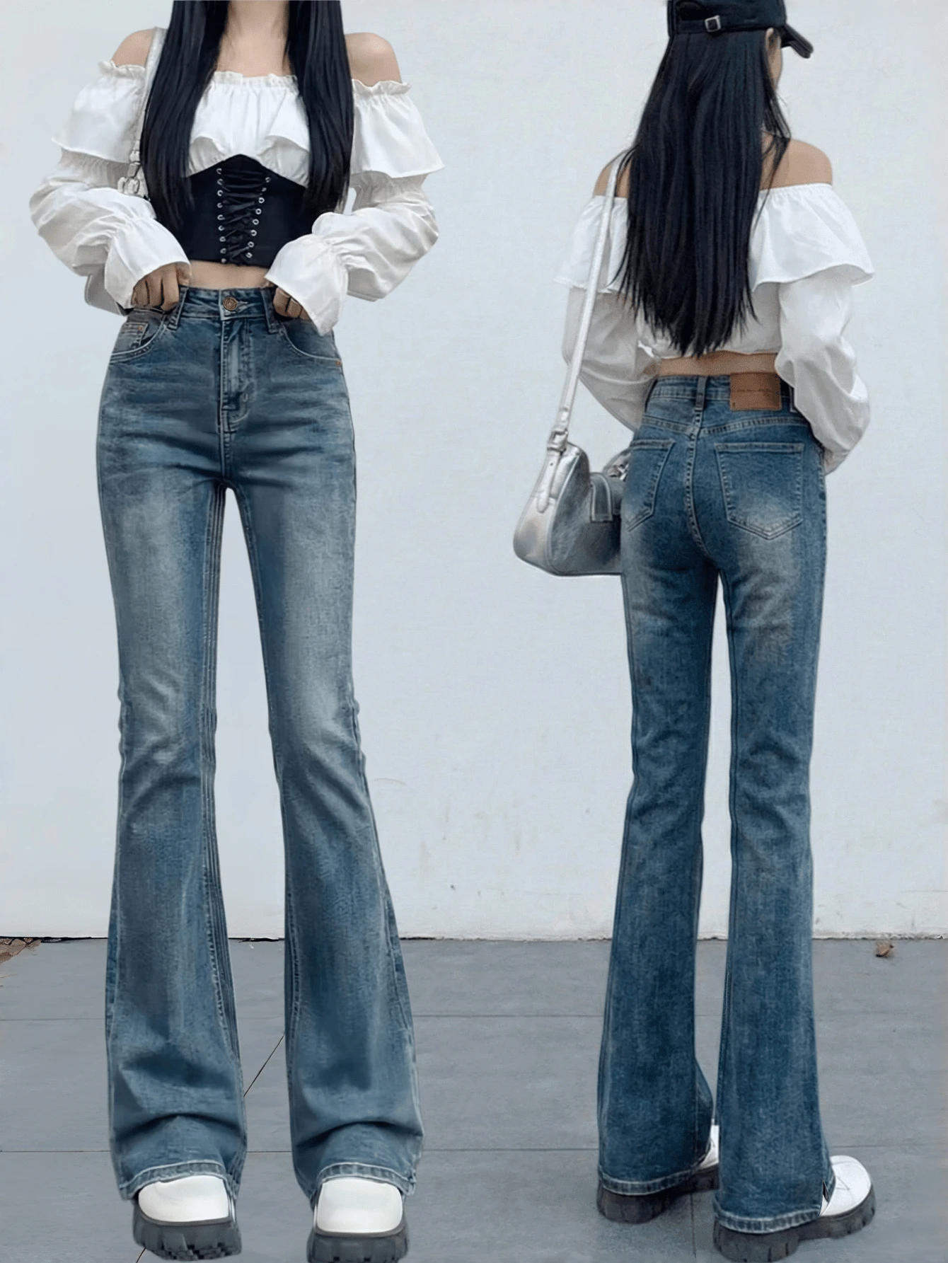 YEAE | Celana Jeans Flare Hitam Wanita, Celana Denim Panjang Kasual Tanpa Peregangan dengan Saku Kancing dan Detail Resleting Musim Semi dan Gugur