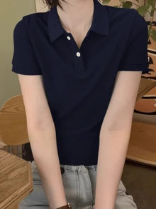 女款大尺碼經典 Polo 衫 素色短袖修身休閒日常基本款 T-shirt 上衣 運動夏季 - 藏蓝色 - 查看 2