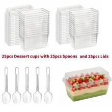 25/50pcs Dessert Cups, 5oz 150ml Dessert Cups With Spoons And Lids, Plastic Dessert Bowls, Reusable Plastic Rectangular Dessert Cups, Mini Plates, Cake Molds, Suitable For Desserts, Pudding, Mousse, Picnic, Party - Transparent - View 18