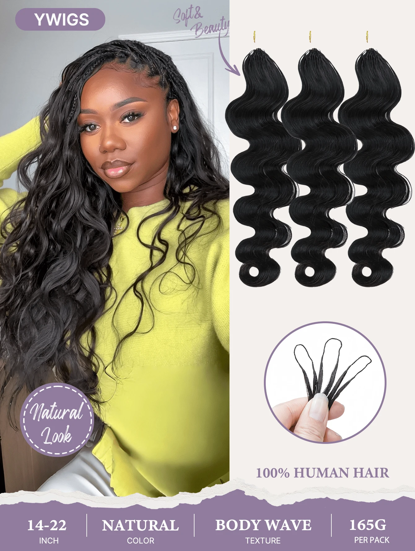 Y WIGS Miracle Knots Human Crochet Hair 150 Strands 14-20 Inch Natural Color Body Wave Pre-Separated 100% Remy Human Hair Lightweight, Durable Feather Crochet Hair For Soccer Games, Sports, Christmas, Daily And Holiday