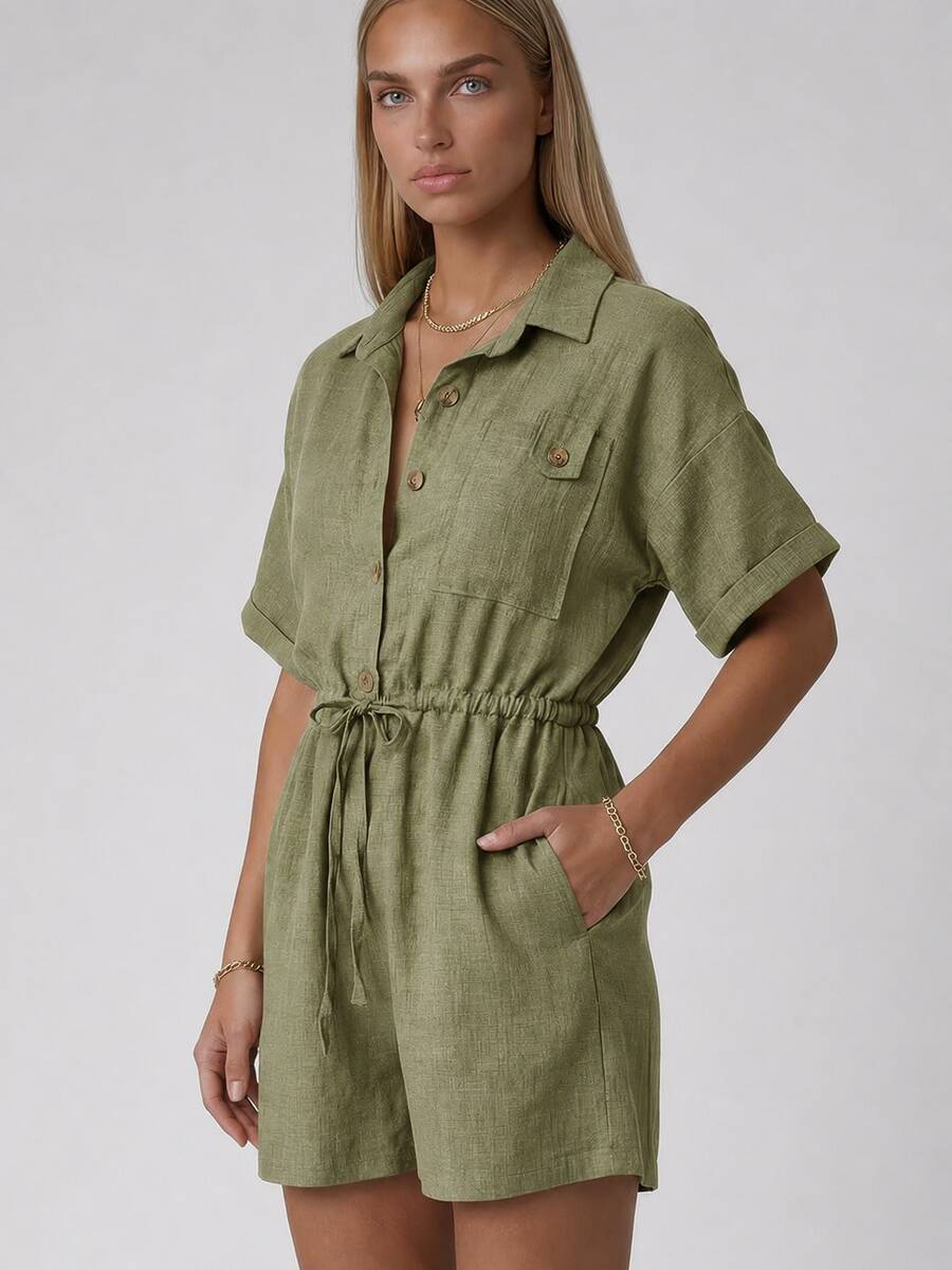 Women's Short Sleeve Romper With A Collared Neckline, Button-Front Closure, Chest Pocket, And Adjustable Drawstring Waist. Designed In A Lightweight Woven Fabric For A Comfortable And Versatile Everyday Look. - Khaki - View 1