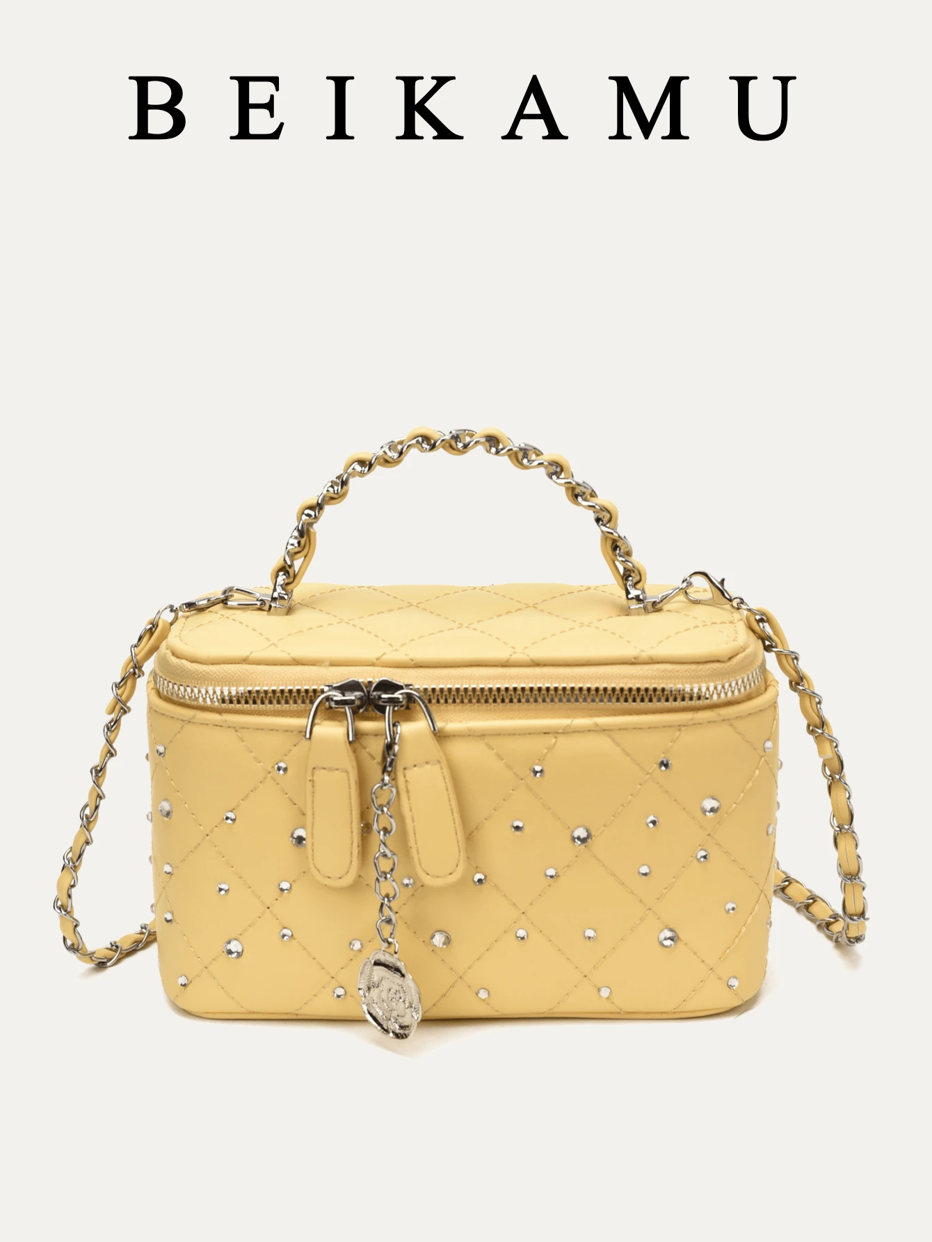1pc BEIKAMU Rhombus Pattern Handbag Box Design, Fashionable Lipstick & Coin Purse, Elegant Chain Shoulder Crossbody Bag - Yellow - View 1