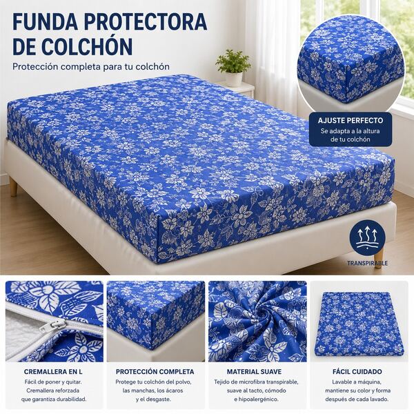Funda de Colchón con Cremallera en L, Protector Integral para Colchón, Diseño Floral Azul, Transpirable, Suave y Lavable a Máquina