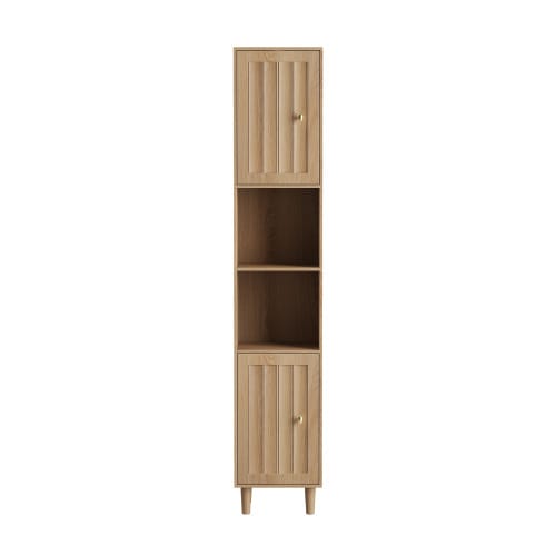 Tall Cabinet/Washing Machine Cabinet, Bathroom Cabinet With Doors And Open Shelves, Narrow Wooden Storage Unit For Laundry Room, Balcony, Bathroom, Kitchen, Freestanding, Oak Finish
