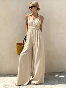 Apricot Casual V-Neck High Waisted Loose Fit Jumpsuit,Summer Lightweight Halter Backless Wide Leg Jumpsuit For Women,Sleeveless Crisscross Back Tie Waist Flowy Pantsuit For Beach Vacation - 杏色 - 查看 7
