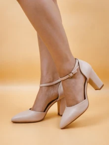 Wide Fit Elegant Strap Pointed Toe Chunky Heel Pumps, Comfortable Casual Work Shoes For Women With Wide Feet, Solid Color Spring/Summer High Heels - Apricot - View 7