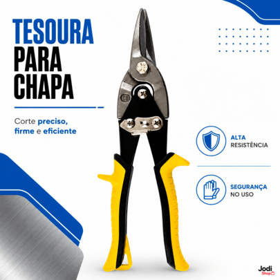 Tesoura Corta Chapa Aviador Reta 25 cm com Cabo Emborrachado Trava e Mola de Retorno