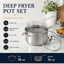 18cm Multi-Function Metal Deep Fryer Set With Lid, Home Use Oil-Saving Frying Pan (Includes 16cm Dedicated Oil Strainer Basket) - View 3