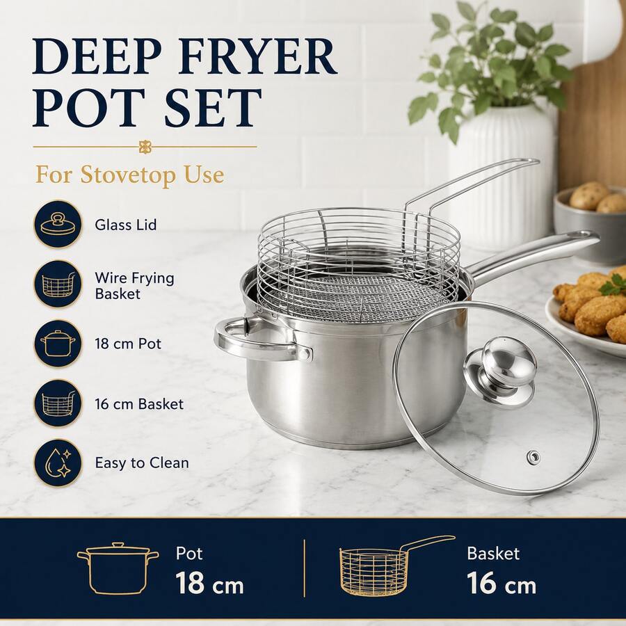 18cm Multi-Function Metal Deep Fryer Set With Lid, Home Use Oil-Saving Frying Pan (Includes 16cm Dedicated Oil Strainer Basket) - View 1