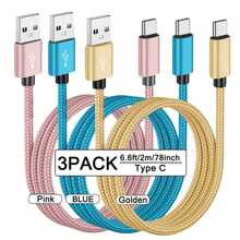3条装 USB-A 转 USB-C 快速充电数据线 [1米/2米/3米] 尼龙编织 Type-C 同步线。兼容三星 Galaxy A14 5G/A13/A54/A53/A23/A24/A03s/S23/S22 Ultra/S21/S20；也兼容 16/15 系列和各种安卓智能手机。适用于 Type-C 充电器。 - 彩色 - 查看 40
