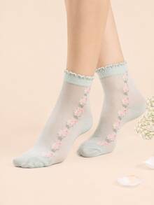 5 Pasang Kaos Kaki Pendek Tipis Motif Bunga Acak, Lembut & Nyaman untuk Sehari-hari, Kerja, Sekolah, dan Pakaian Kasual - MultiWarna - View 2