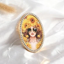 1 pieza Imán de nevera de metal, imán de decoración vintage ovalado con patrón de belleza de girasol, imán de nevera con adornos de strass hecho a mano, regalo perfecto, ¡decoración del hogar! - Unitalla - Ver 5