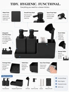 11件套哑光黑色皂液器套装，包含2个350毫升/12盎司塑料按压瓶、洗碗刷、备用泵头和水槽收纳架，适用于厨房、浴室和洗衣房台面。 - 方形雙皂液器 - 查看 4